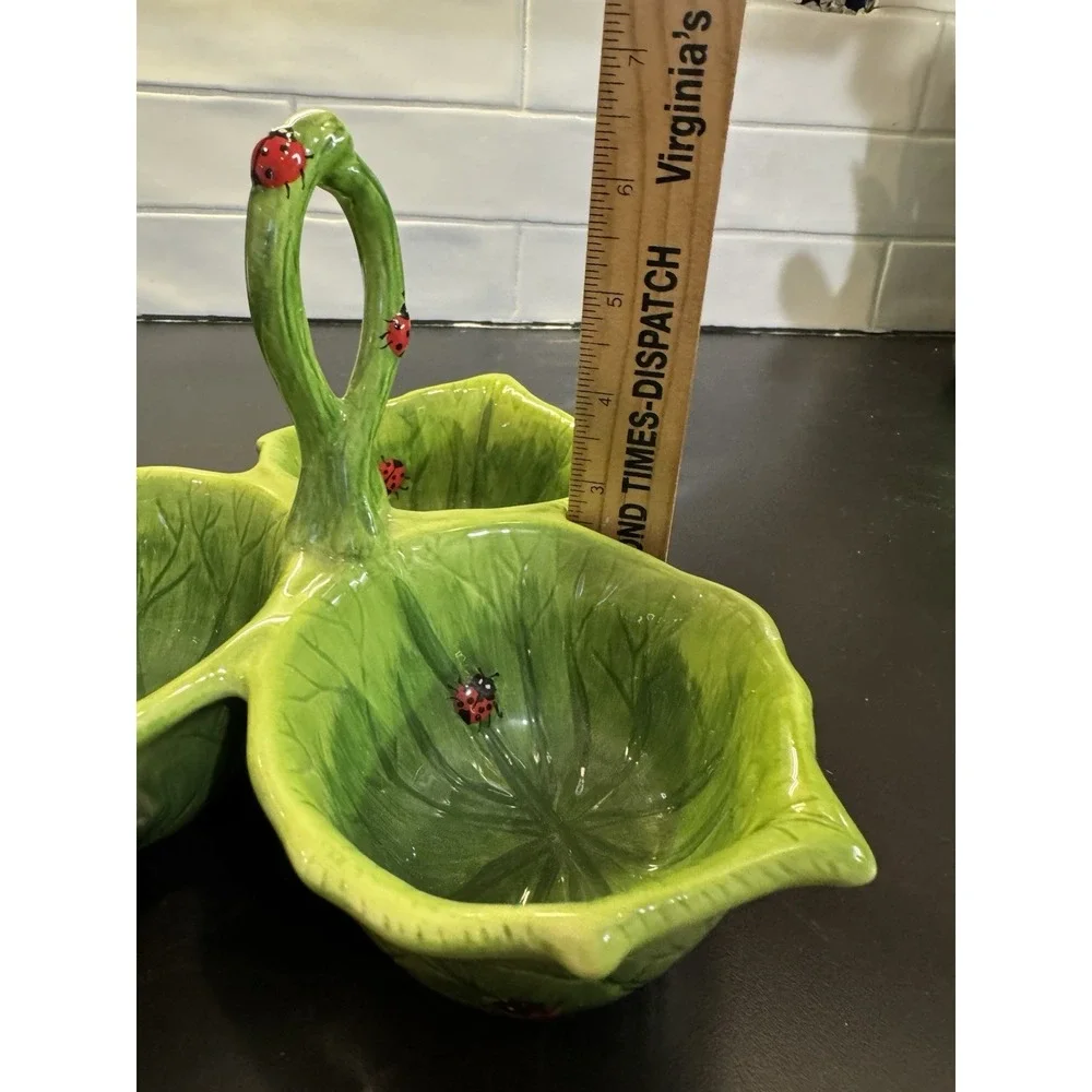PIER 1 Imports LADYBUG 3 Section Green Leaf Condiment Dip Bowl Serving Handle